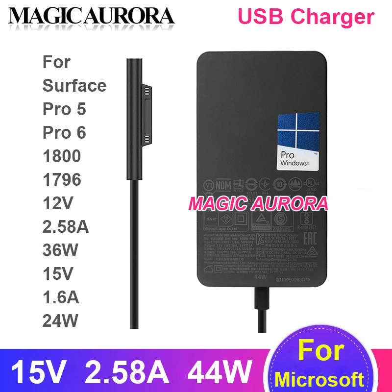 15V 2.58A 44W USB Fast Computer Charger for Microsoft Surface Pro 5 Pro 6 1800 1796 12V 2.58A 5V 1A Tablet Power Adapter Genuine