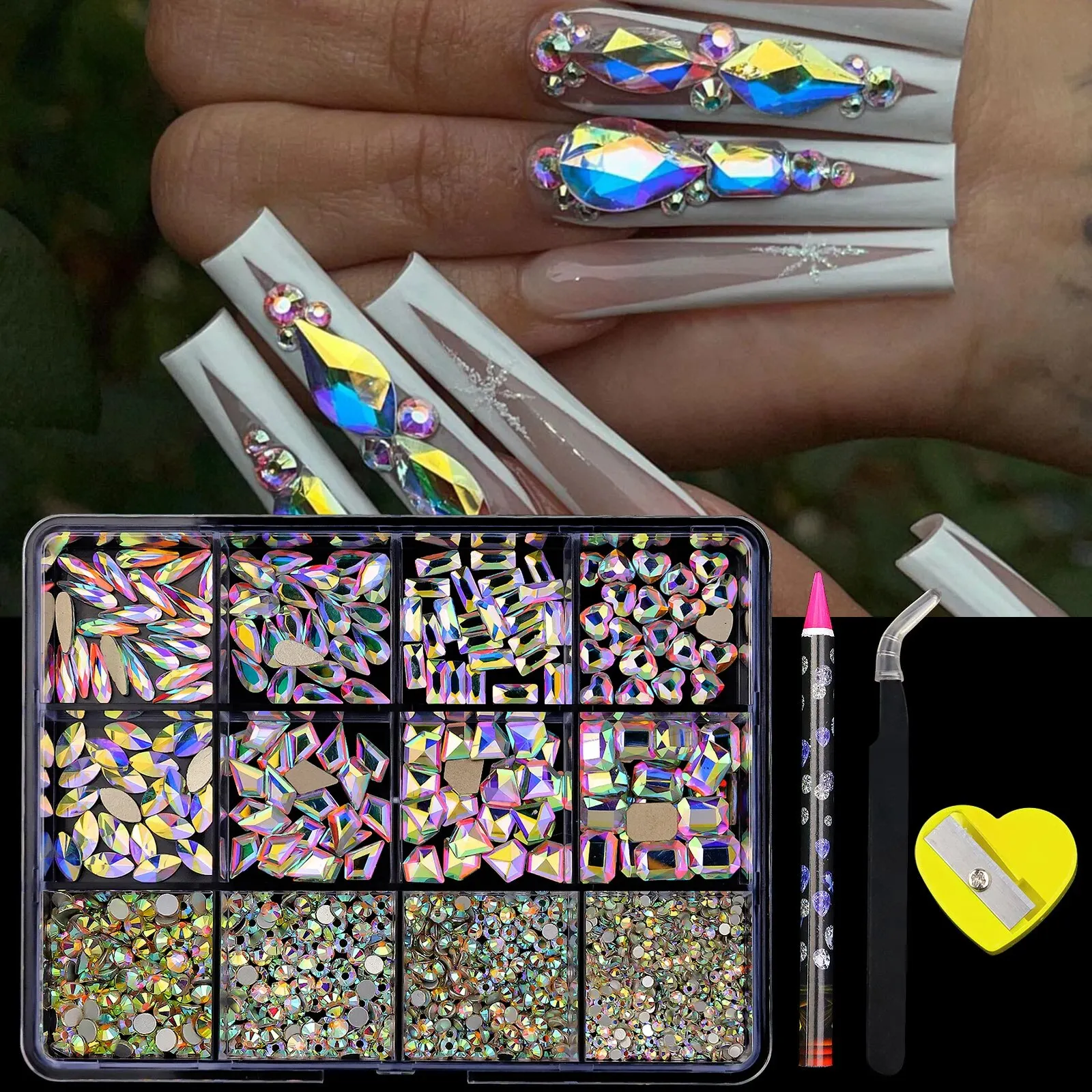 12 rejillas 3D de aleación para uñas, joyería con diamantes de imitación, dijes, joyería de cristal con forma de corazón, suministros de piedras para uñas, accesorios de manicura para uñas Ar