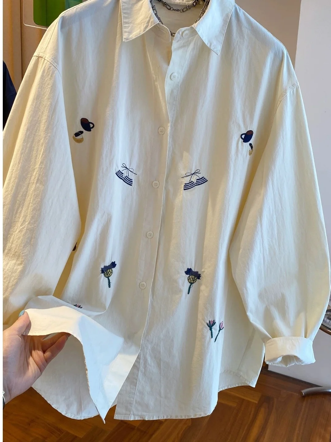 

Korean Sle Embroidered Pure Cotton Loose Fit Slimming irt Women's Faion Anti-Aging Early Autumn Large Version irt