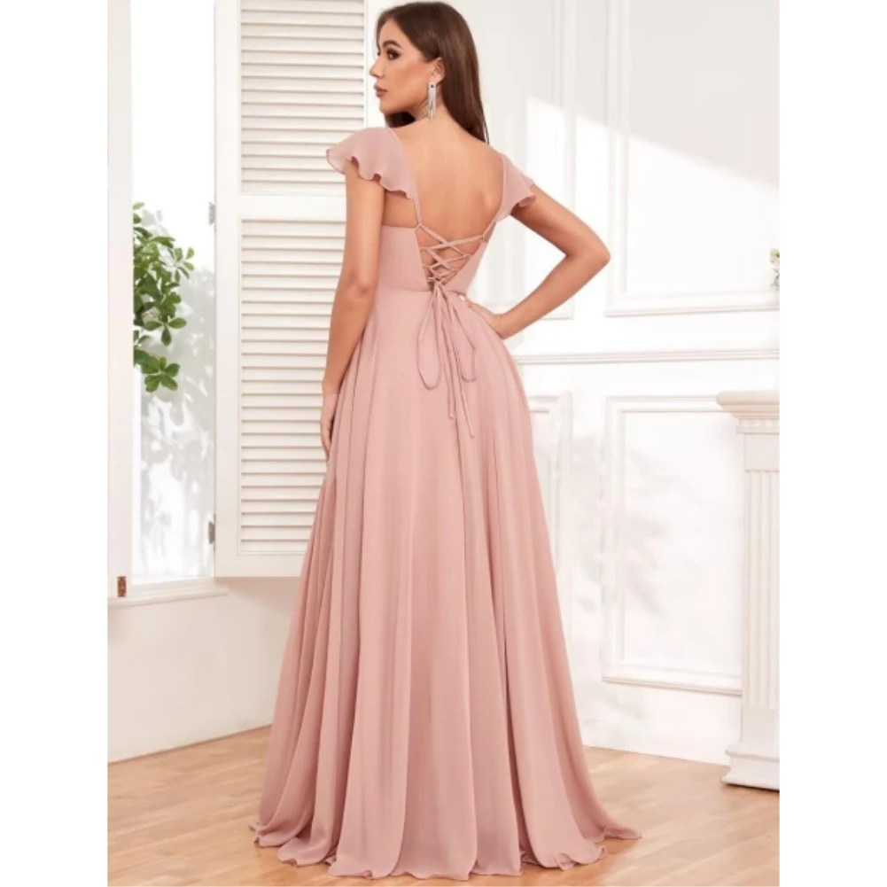 Sweetheart chiffon bruidsmeisjesjurken voor dames ruches geplooide formele galajurk lange avondjurk met zijsplitten en zakken