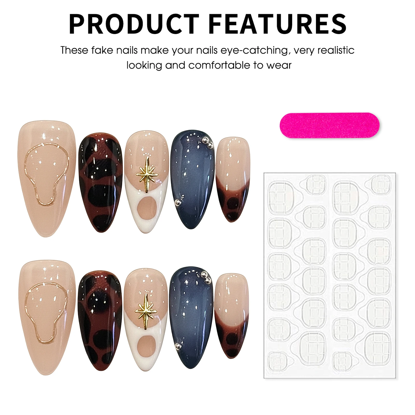 10 szt. Ręcznie Robione Paznokcie Naklejane Brązowy Leopardzi Wzór Francuski Styl Słodkie Cool Sztuczne Paznokcie Nieregularne Metalowe Paski Migdałowe Sztuczne Paznokcie