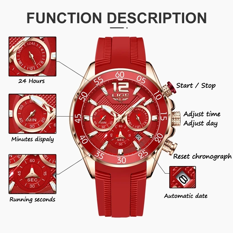 LIGE New Fashion Mens Watches Top Brand Luxury Quartz Wrist Watch Man Sport Red Silicone Watch for Men Reloj Hombre Chronograph