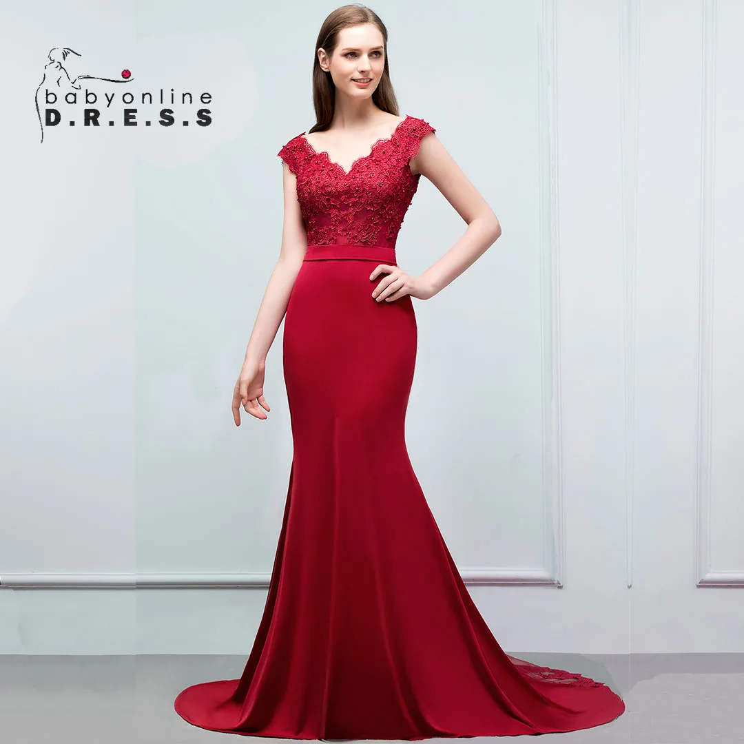 BABYONLINE Prom Dresses With Lace Train Elegant V Neck Applique Beaded Long Satin Red Mermaid Evening Party Gowns