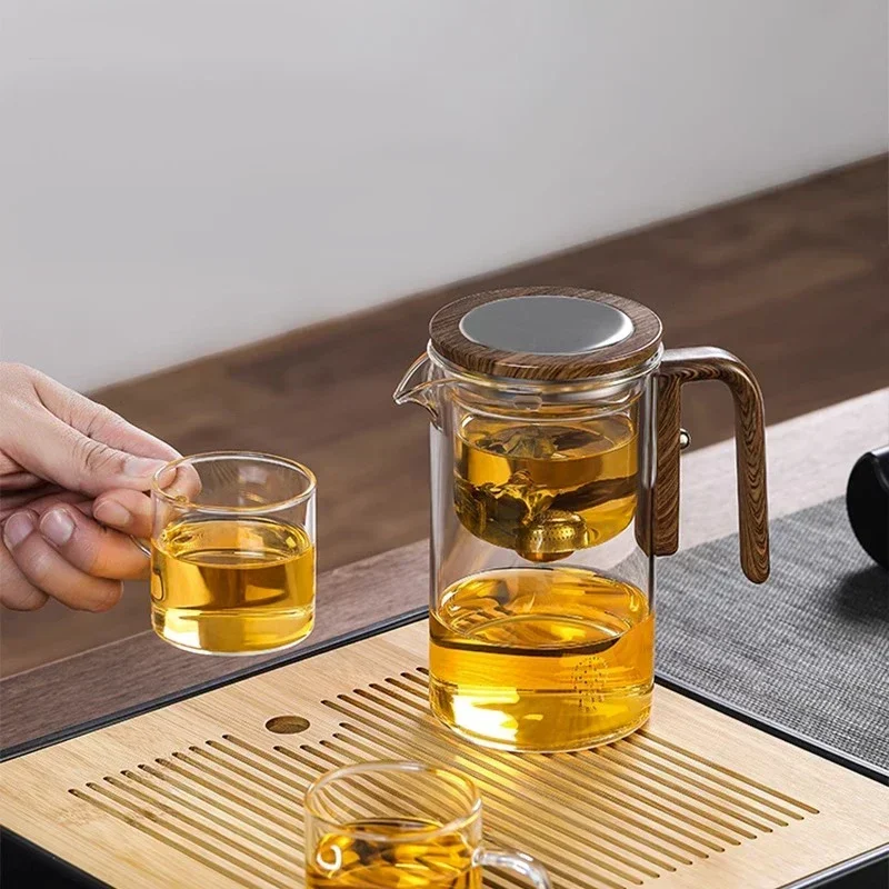 Glass Teapot Household One-Button Tea Water Separation Filter Tea Pot Natural Bamboo Drain Tray Puer Tea Set