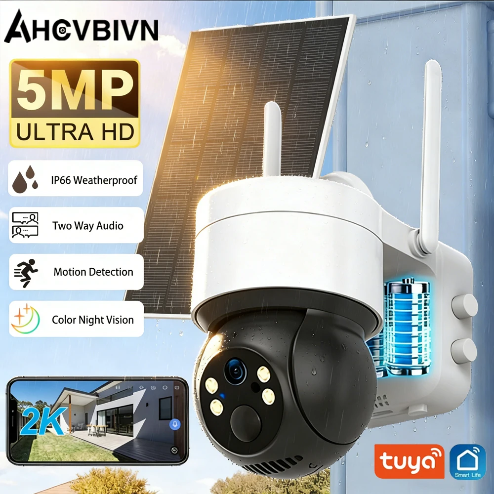 

Уличная Wi-Fi PTZ-камера Tuya на солнечной энергии, беспроводная IP-камера 5 МП со встроенным аккумулятором, видеонаблюдение, длительное время работы в режиме ожидания