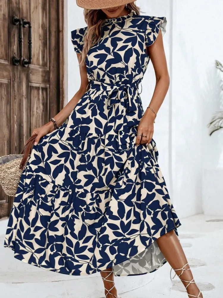 Elegancka damska sukienka midi w kwiaty Nowa letnia moda Stójka Kołnierzyk Latający rękaw Koronkowa sukienka Casual Beach Holiday Dresses Robe
