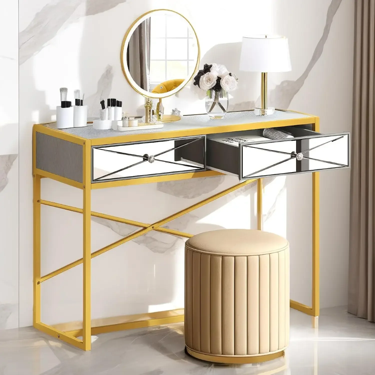 Manicure Table, Nail Desk for Nail Tech, Modern Mirror Manicure Desk with 2 Drawers, Acetone Resistant Nail Table Stati