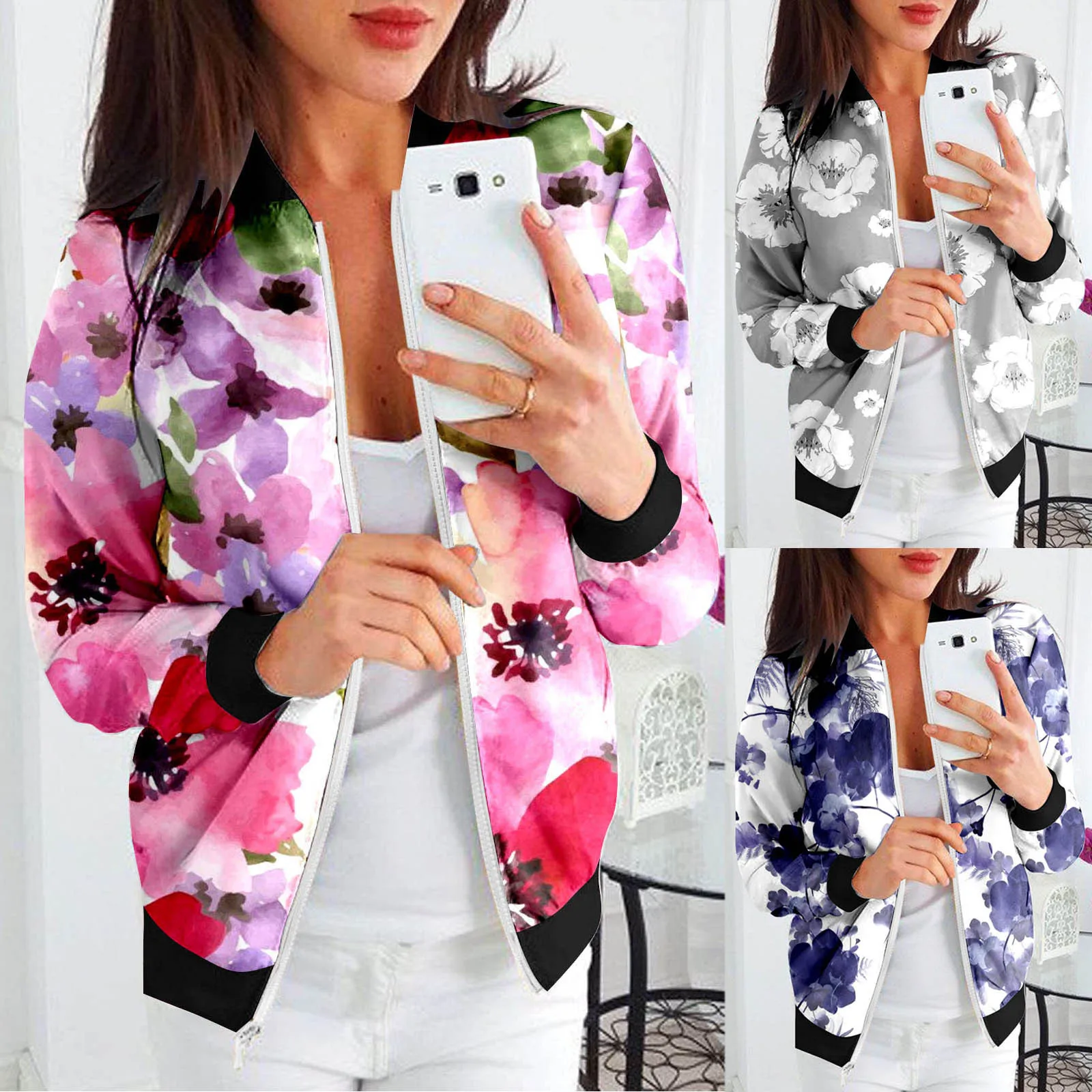 Women Loose Coat O Neck Zipper Long Sleeve Classic Floral Print Jacket Casual Top Daily Outwear Satin Jacket Denim Womens Jacket