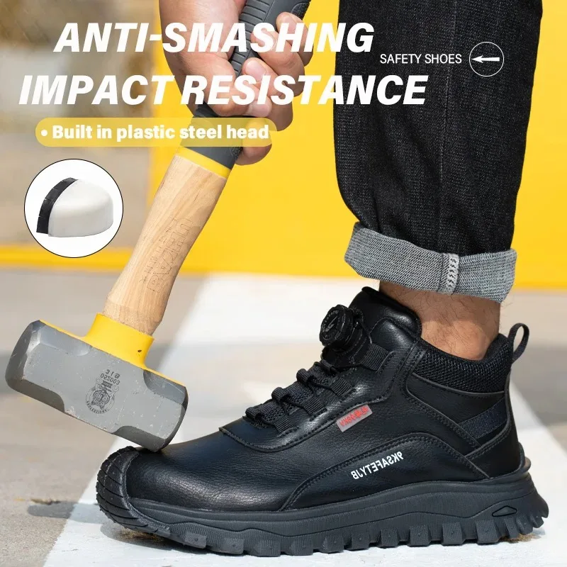 Rotating Button Indestructible Shoes Safety Boots Men Steel Toe Work Boots Waterproof Non-slip Puncture-Proof Protective Shoes