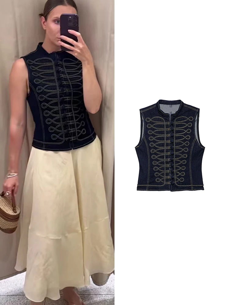 TFMLN Women's Knotted Denim Vest Vintage Sleeveless Single Breasted Quilted Denim Waistcoat Fashion Slim High Street Tops
