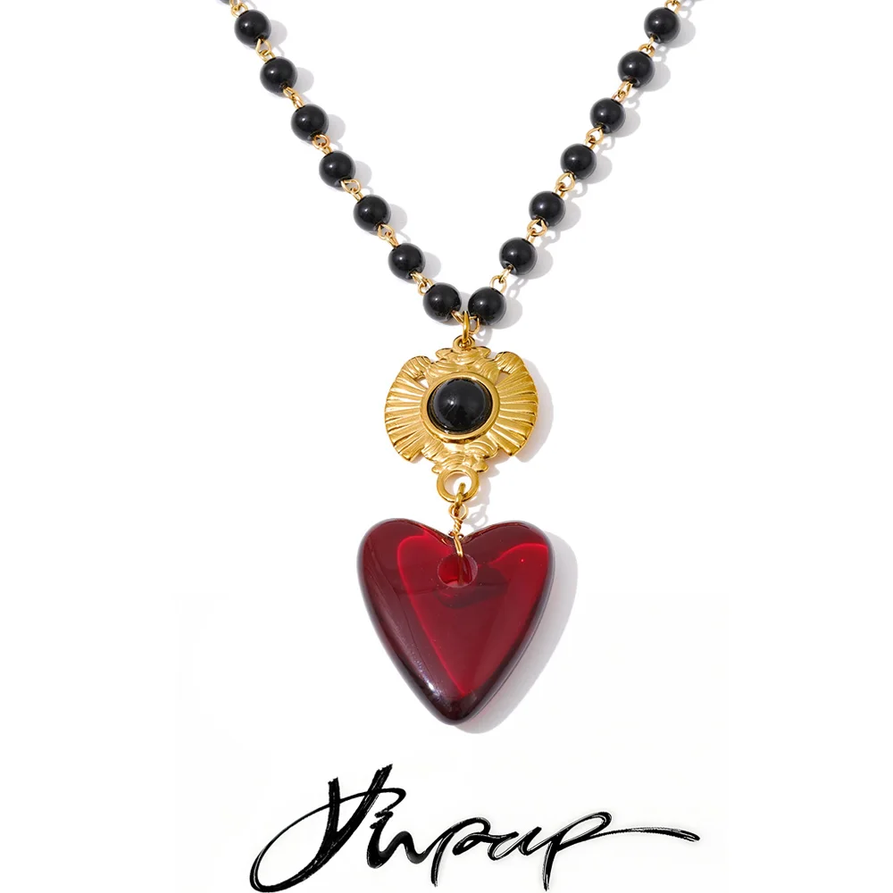 

Yhpup Fashion Handmade Jewelry Stainless Steel Glass Beads Chain Resin Heart Pendant Necklace Waterproof Statement Accessories