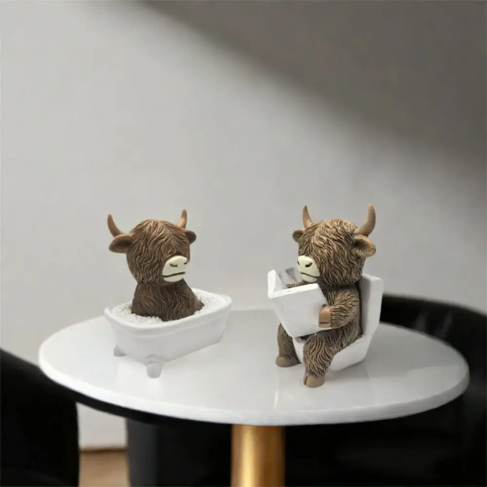 Crafts Resin Highland Cow Statue Decorative Realistic Cow Mini Figurine Cute Animal Sculpture Ornament Micro Landscape Model