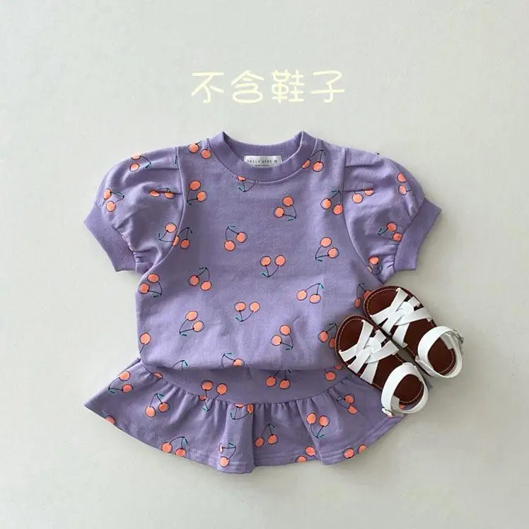 Summer Baby Short Sleeve Casual Clothes Set Cute Girls Cherry Print Tops + Skirts 2pcs Suit Sportwear Toddler Outfits  -125