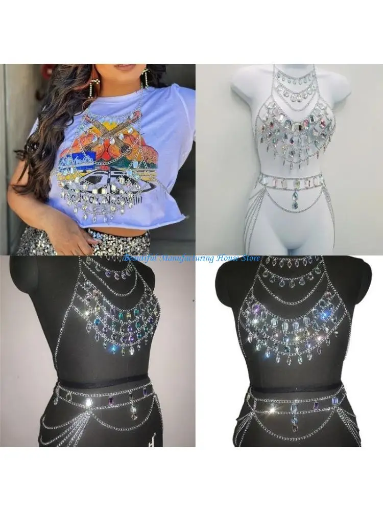 

E56A Crystal Chest Chains Waist Chain Body Jewelry for Womens Rhinestones Body Chains