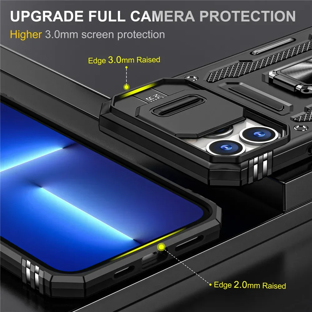 For Xiaomi 14T Poco X6 Pro 5G Shockproof Case Lens Slide Ring Back Funda For Poco C65 X6 X 6 M6 X5 F6 Pro F5 Redmi Note 13 Coque