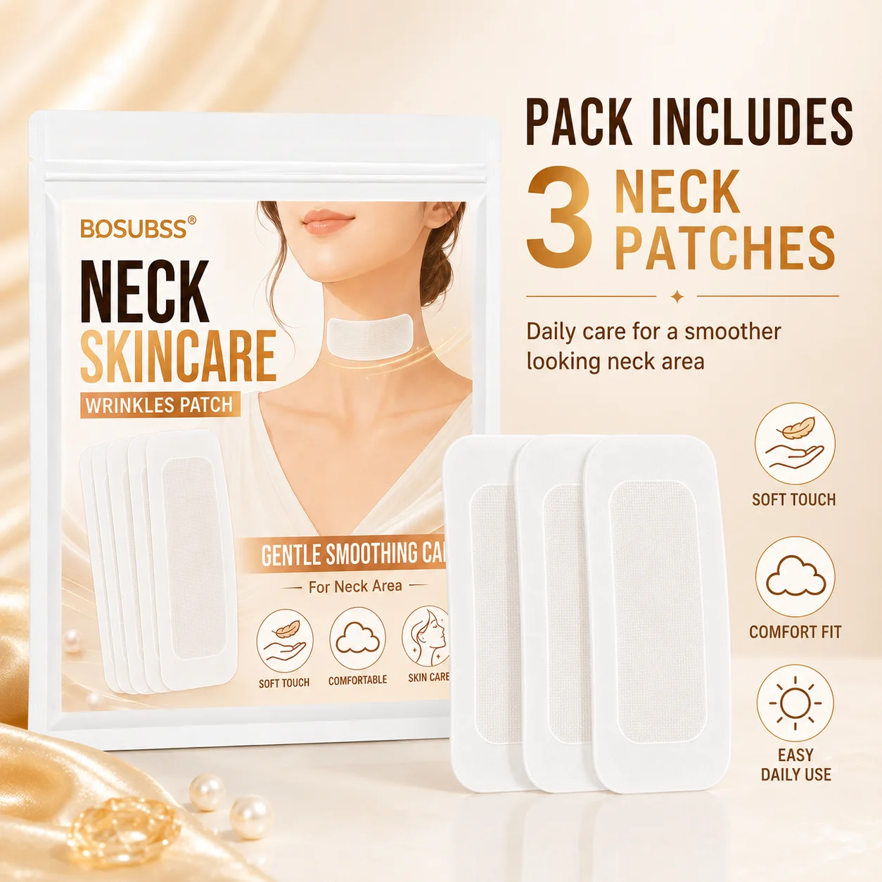 3 neck care patches, suitable for daily beauty care; soft and comfortable to the touch, these lightweight and flexible neck care
