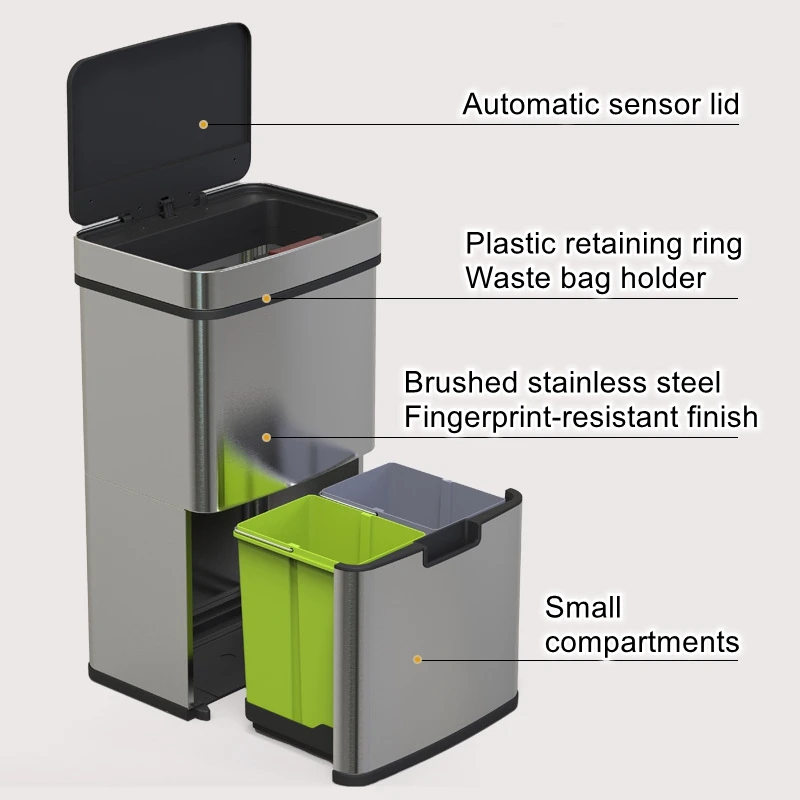 

Smart Infrared Sensor Large-Capacity Trash Can, Stainless Steel, Wet/Dry Separation, Home Kitchen Use, with Lid and Wheels