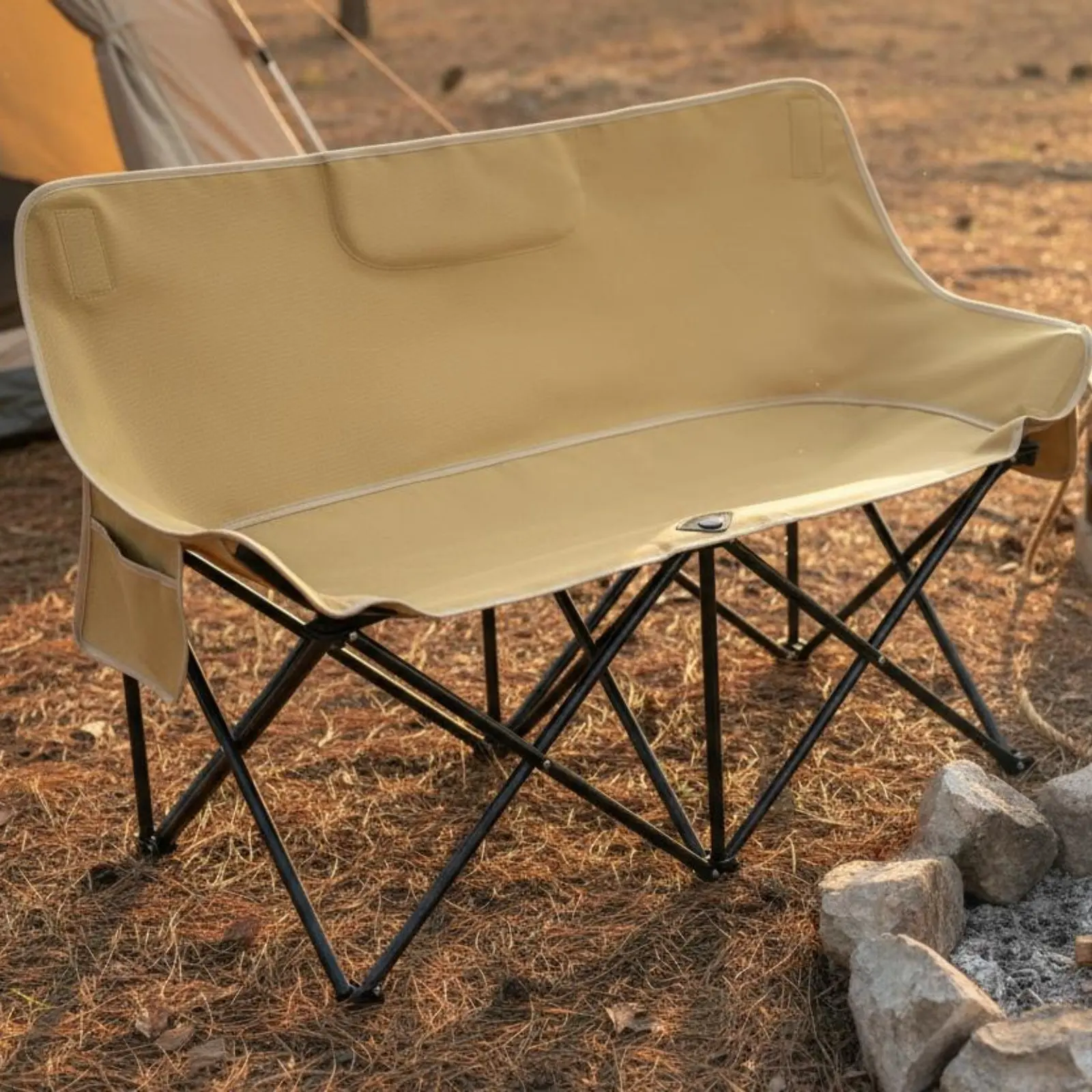 

Double Folding Chair Foldable Portable Loveseat Folding Camping Bench Side Pocket Outdoor Furniture Sturdy Duty for Fishing