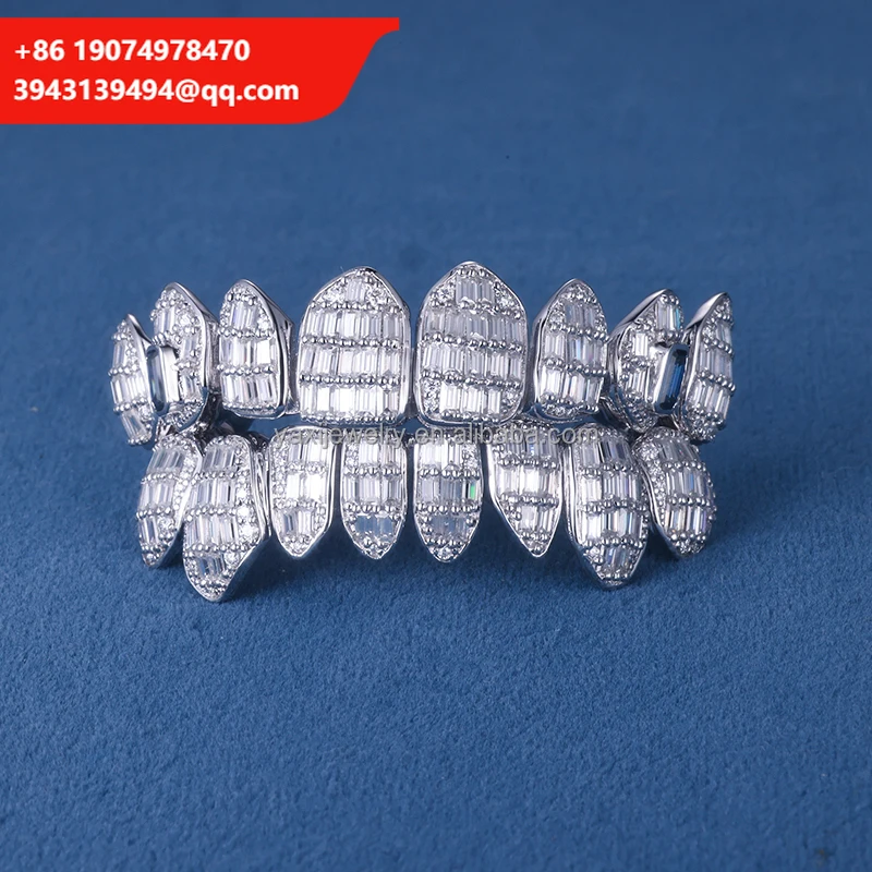 

Custom S925 Silver 10K 14K 18K Solid Gold Grillz Teeth Iced Baguette Cut VVS Moissanite Lab Natural Diamond Hop Style Third