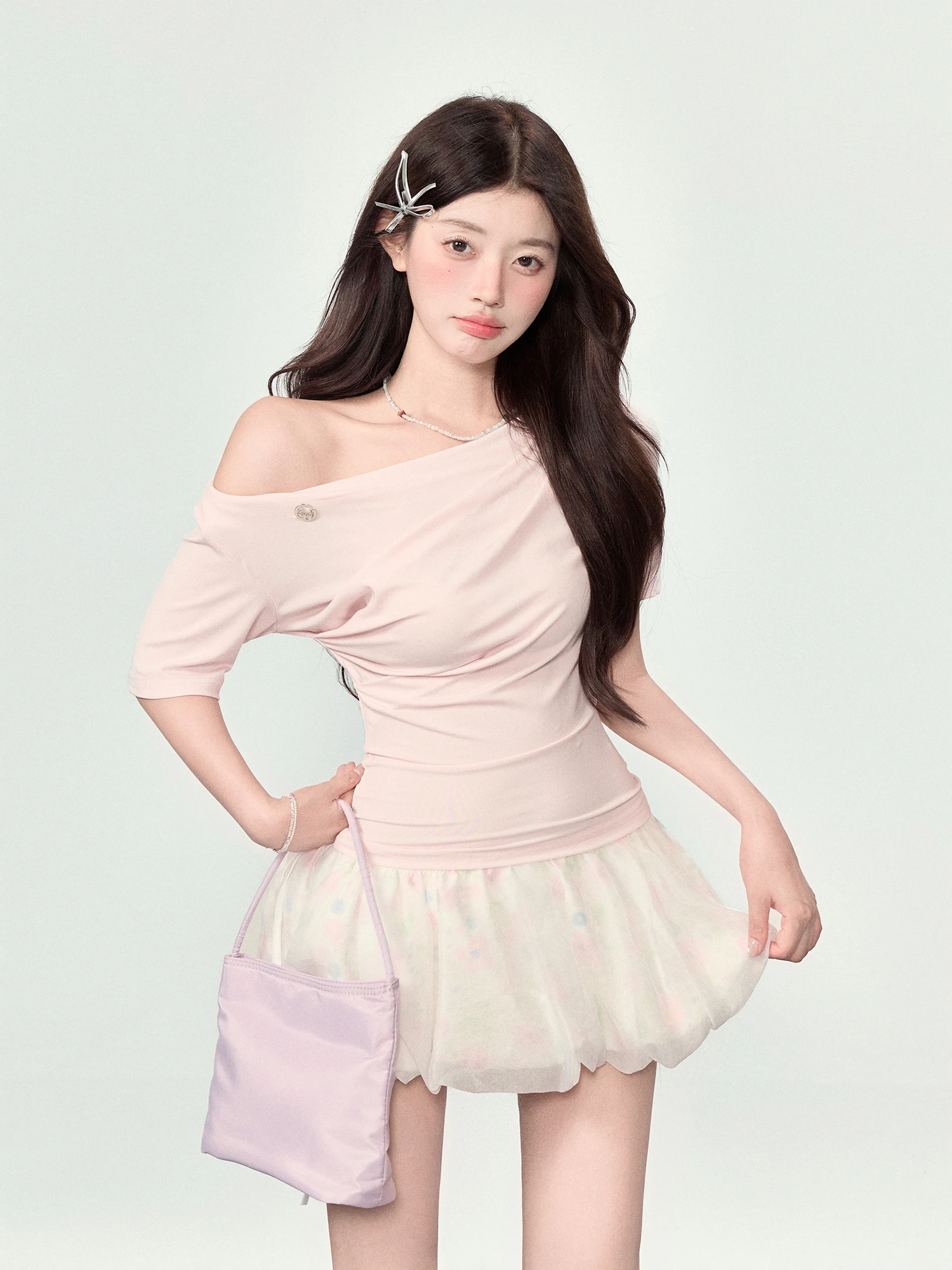 

Sweetie Pink Asymmetrical oulder ort Sve T-irt Women's Sli Slimming Top for Summer Moisture ng Casual Wear