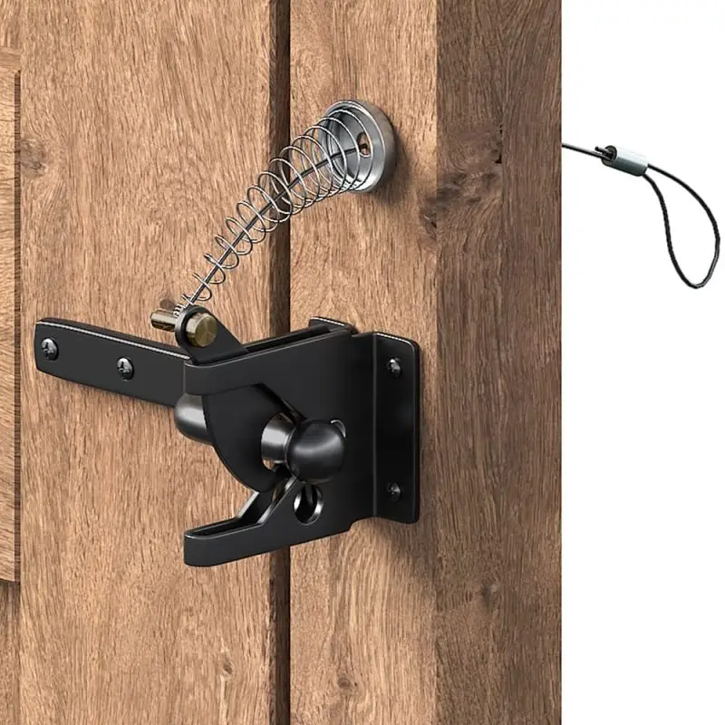 

1 Set Self Locking Fence Gate Latch Fence Latch Lock with Rope Carbon Steel Black Lock Spring Cable Pull