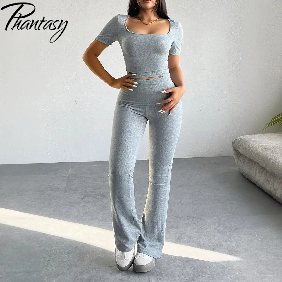 Phantasy Y2K Women\'s Two-Piece Set Pants Suits Grey Yoga Fitness Trousers Fashion Casual Tops Slim Streetwear Summer Outfit