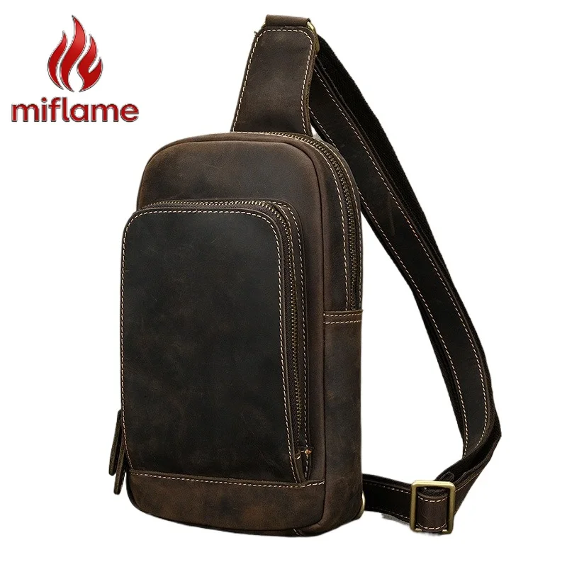 

Crazy Horse Leather Chest Bag Minimalist Crossbody Sling Pack for Men Travel Work Shoulder Bag