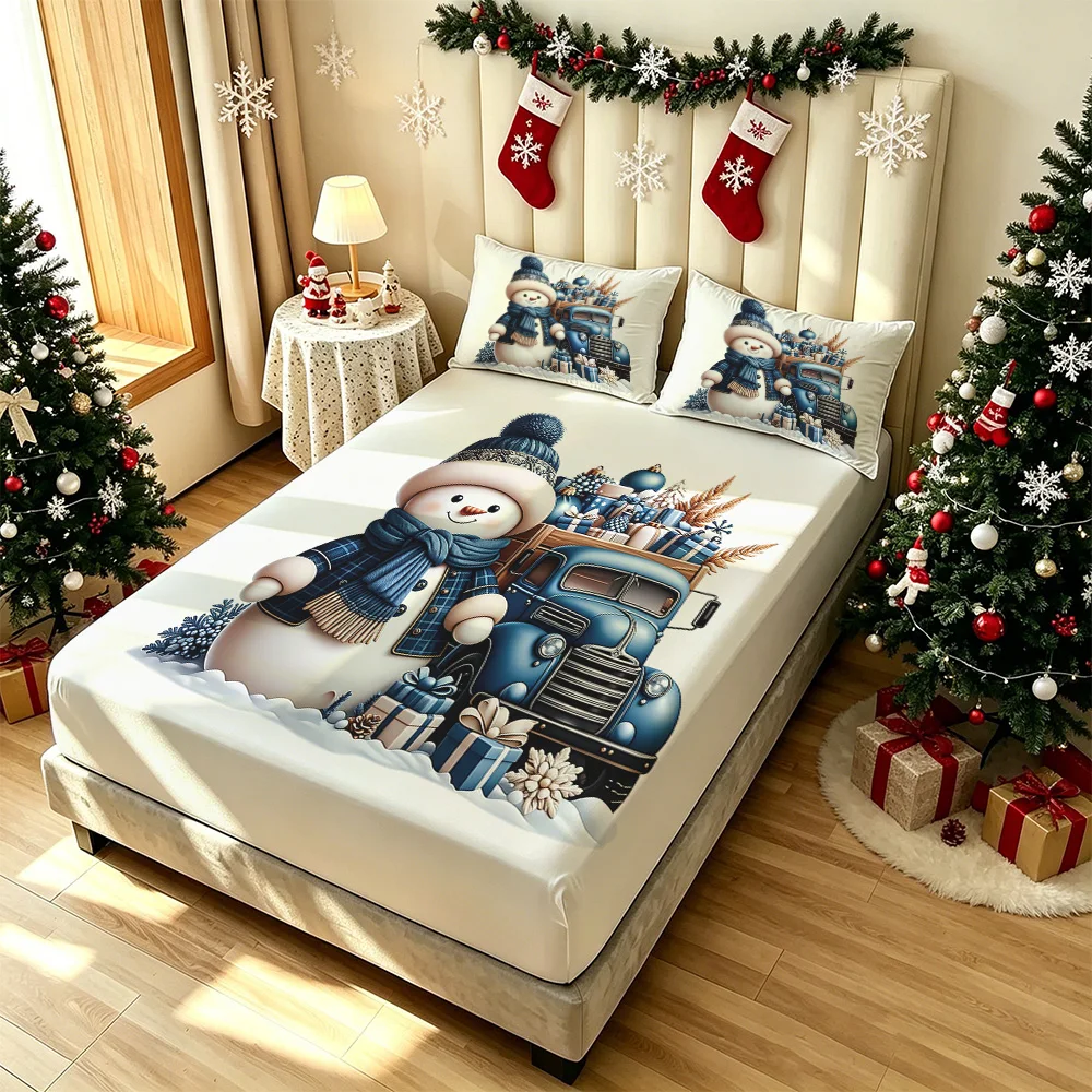 3pcs Retro Truck Snowman Christmas Bedding Set Coreless Soft Comfortable 1 Bedspread 2 Pillowcases Bedroom Home Decor Holiday