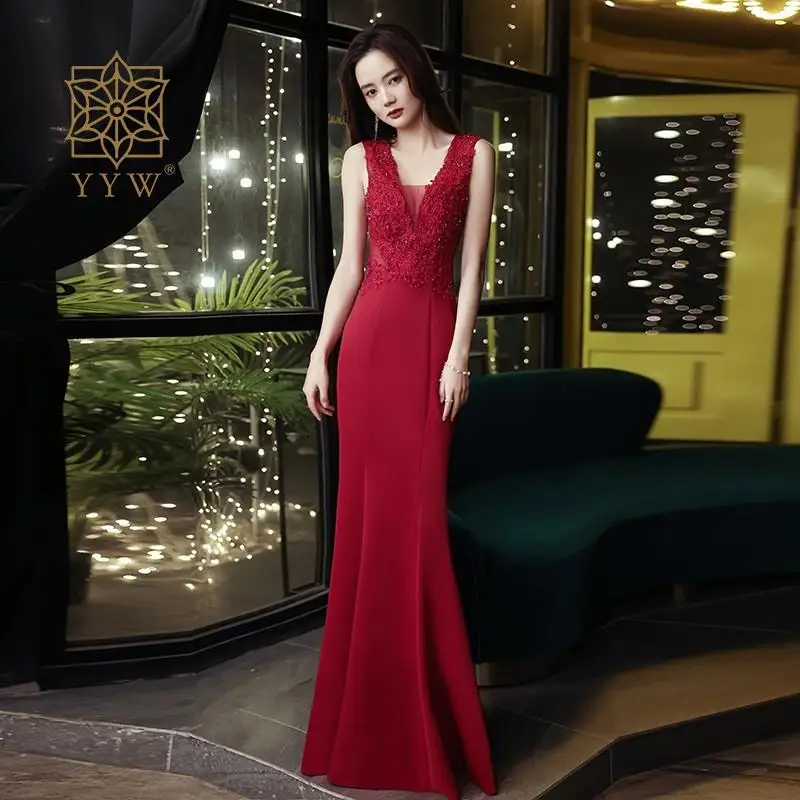 Ladies Sleeveless Red Flower Embroidery Deep V Long Dresses Women Elegant Banquet Prom Gowns Cocktail Dinner Night Gala Fashion