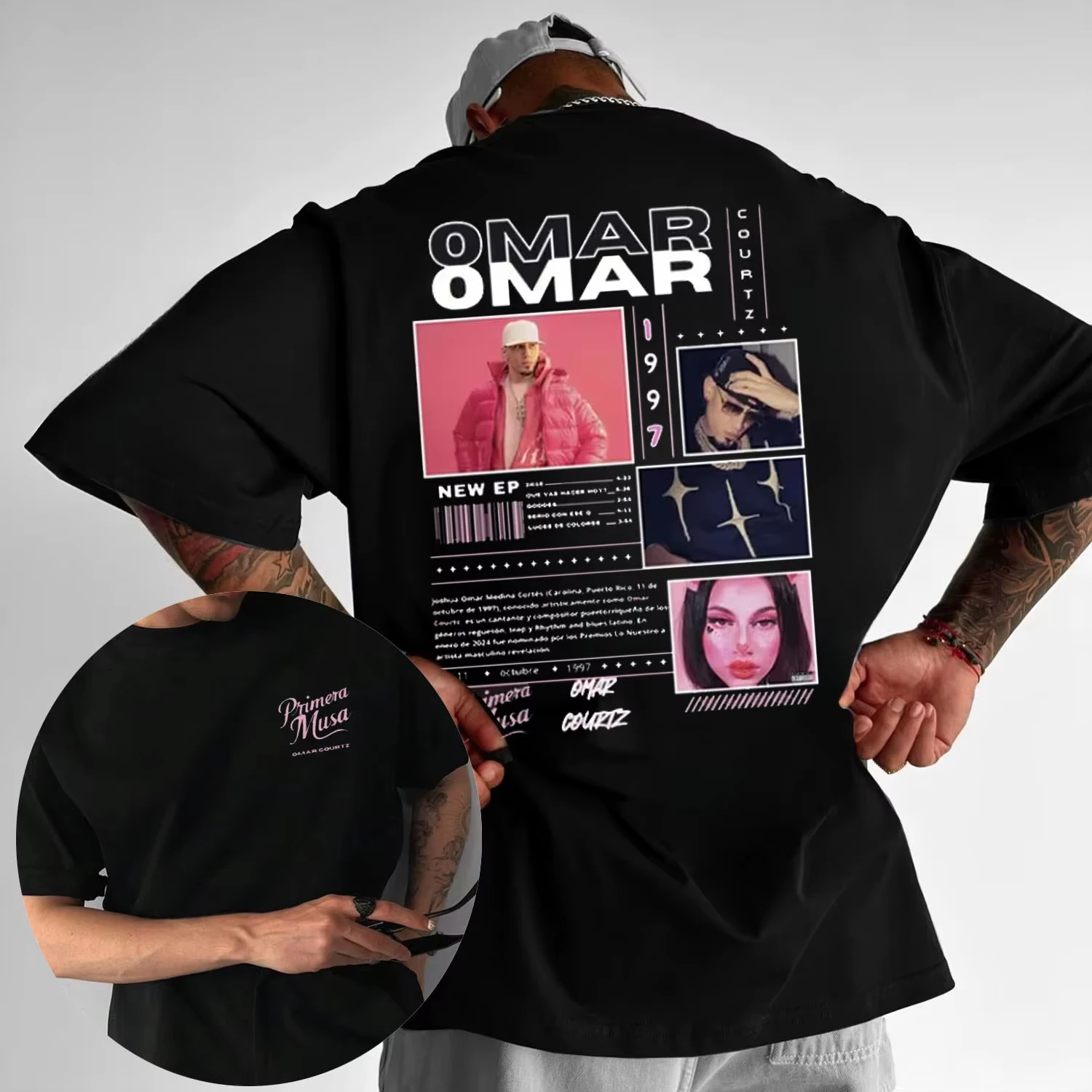 

2025 Summer Rapper Omar Courtz Primera Musa Men's Pure Cotton Graphic T-shirt Retro 90' S Hip-hop Gothic Shirt Oversized T-shirt