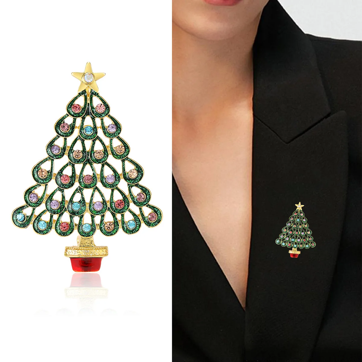 Teardrop Hollow Christmas Tree Brooch Multicolor Rhinestone Green Glitter Star Lapel Pin Xmas Holiday Badge Gift for Women
