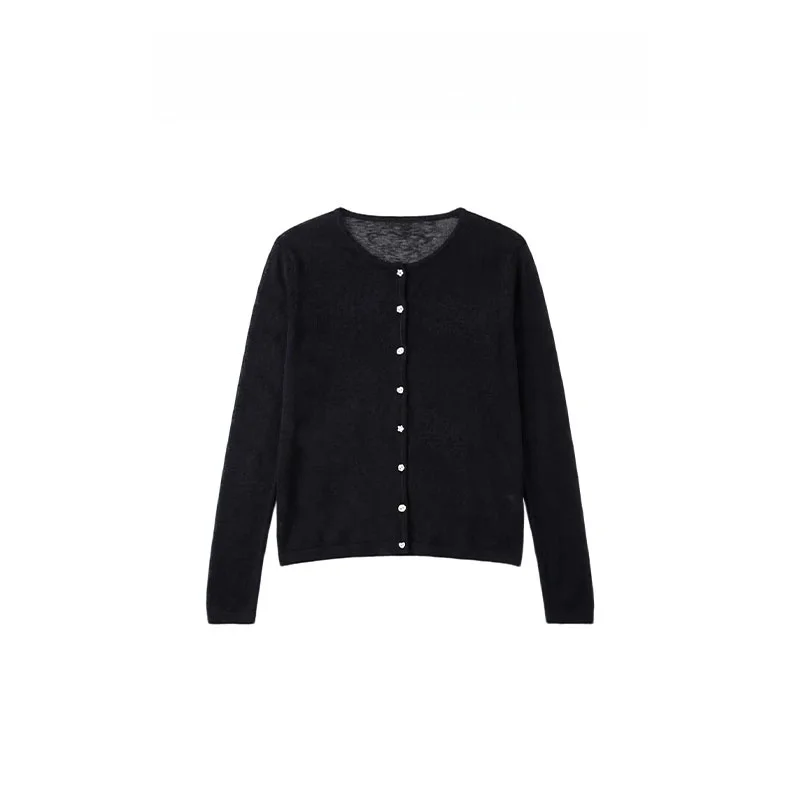 

Elegant Iris Black Obsidian 2026 Spring Summer Knitted Wool Blend round Neck Open Cardigan Versatile Comfortable Women's Sweater