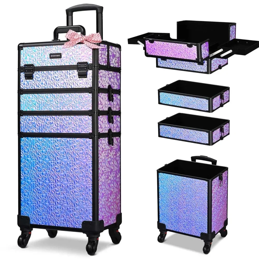 

Rolling Makeup Train Case 4in1 Cosmetic Trolley Organizer Travel Case Lockable Barber Case Traveling Cart Trunk with Wheels