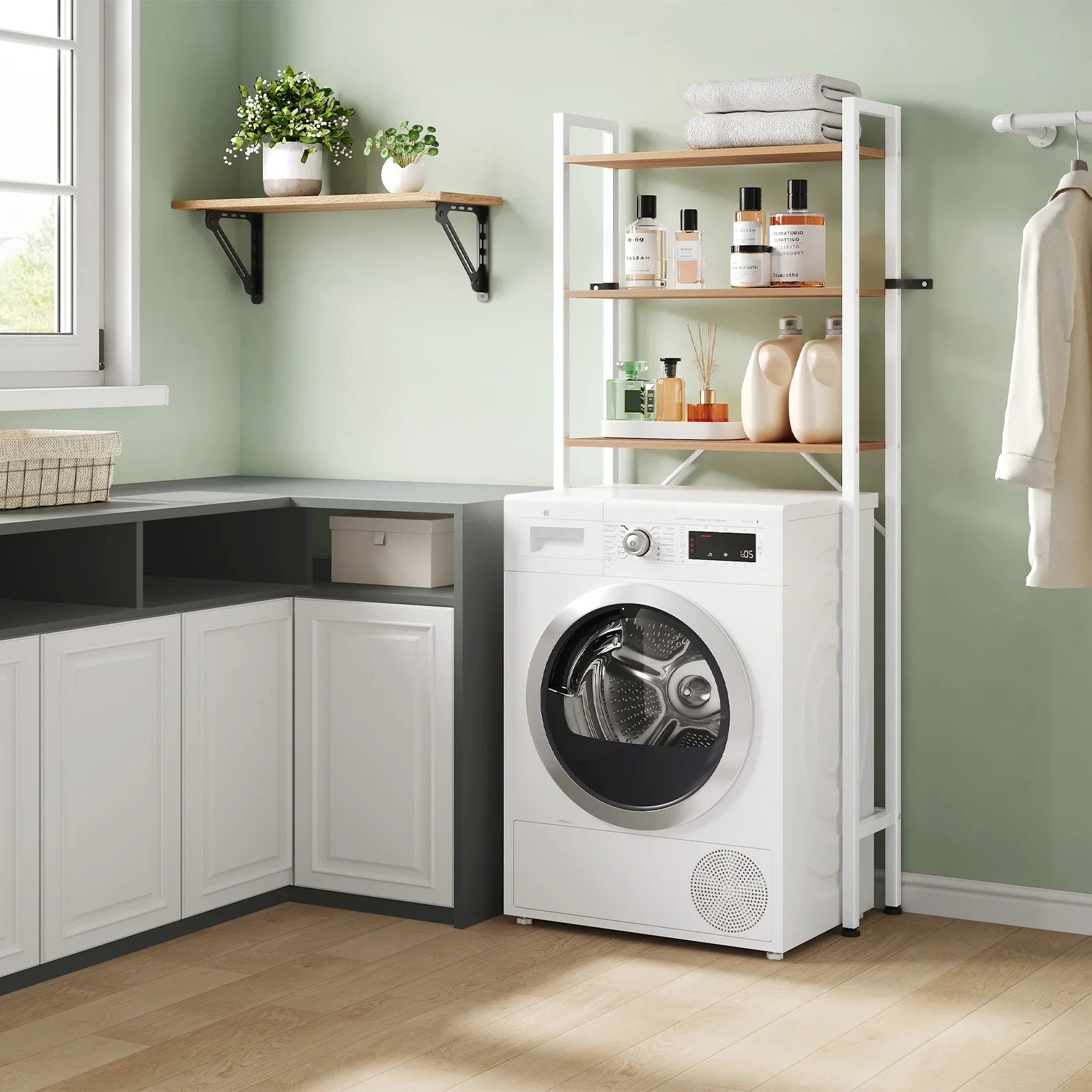 EUGAD Étagère à 3 niveaux pour machine à laver, support autoportant au-dessus des toilettes, en métal et bois, organisateur gain de place pour salle de bain et buanderie 67x164x20cm