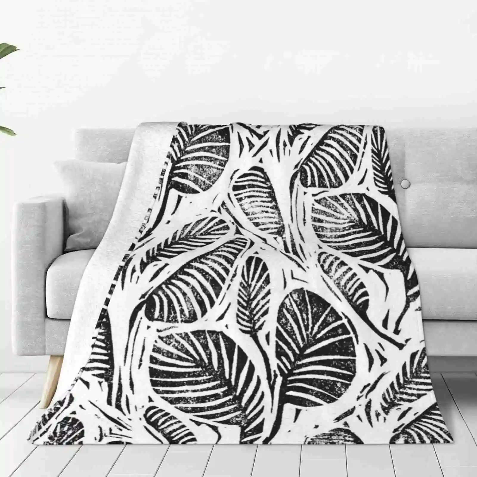 Jungle-Tropical Leaves Soft Warm Throw Blanket Linocut Lino Cut Handmade Hand Printed Printed Art Printmaker Printmaking Black