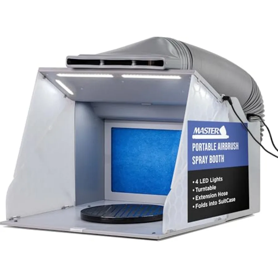 Master Airbrush Portable Airbrush Spray Booth Kit with Dual Exhaust Fans, 4 LED Lights, Turntable and Extension Hose, 16