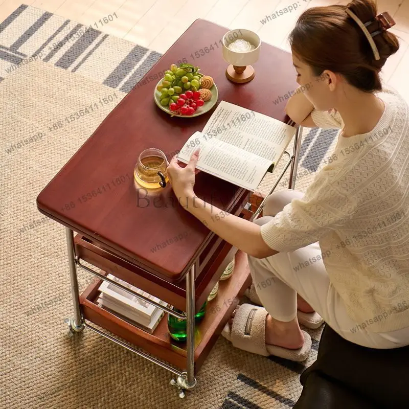 Solid wood coffee table trolley foldable movable rectangular medieval edge table stainless steel movable