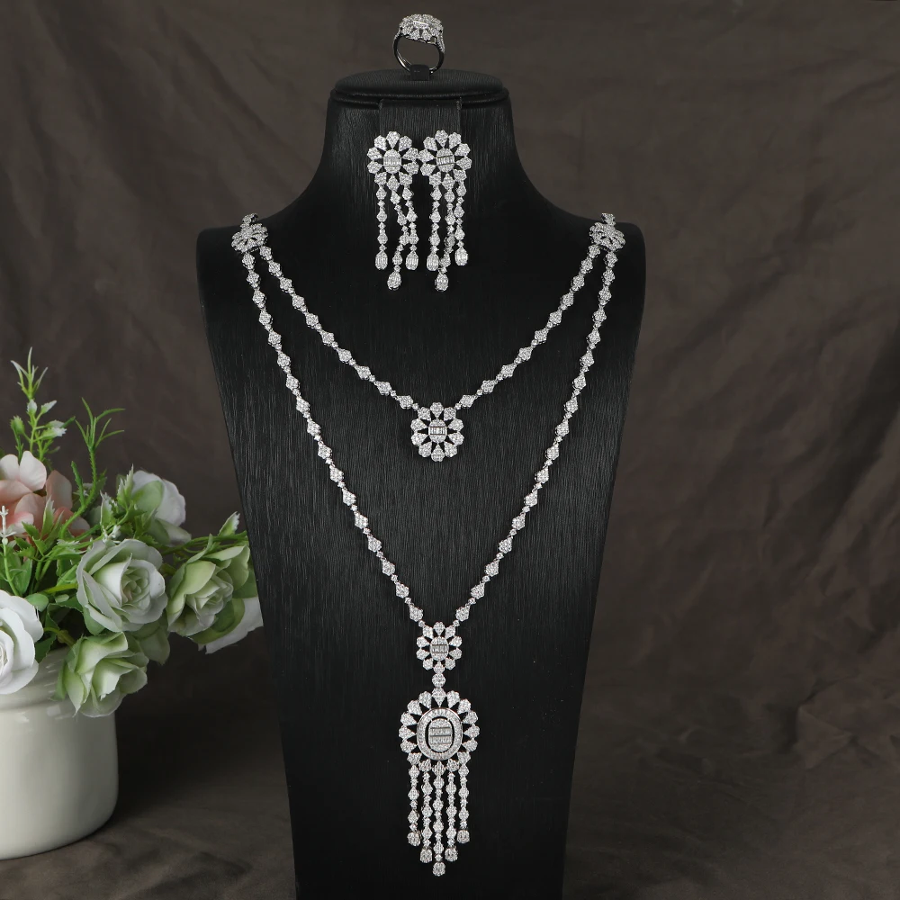 

Luxury Geometric Flower Tassel Cubic Zircon Engagement Dubai Naija Bridal Double Layers Necklace Earring Ring Jewelry Set S517