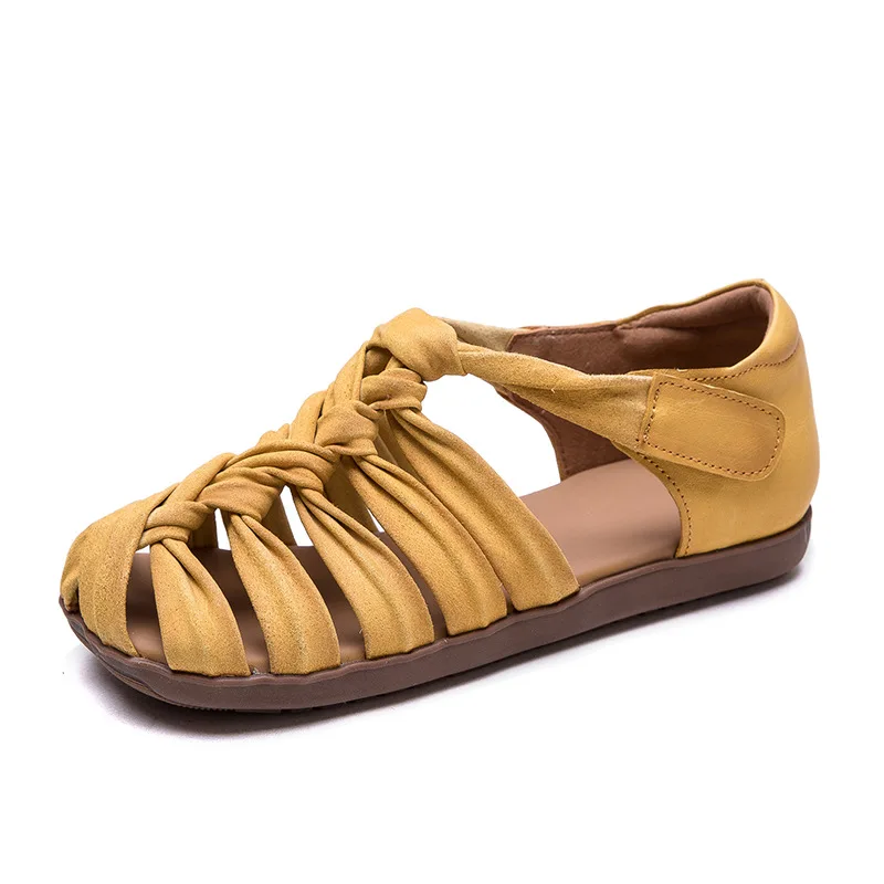 

2cm Cow Leather Hand Woven Hollow-out Breathable Versatile Flat Sandals 2026 Summer New Roman Style Women's Shoes