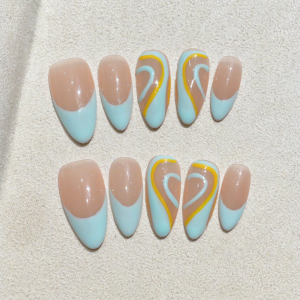10pcs Middle Almond Handmade Press On Nails Kit, Sky Blue Nude Fake Nails, Gentle Sweet Wearable Nail Art, Color-Blocking Heart