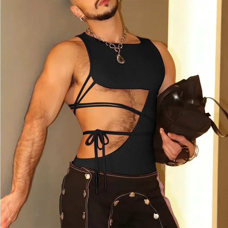 Men Ribbed Cut Out Bandage Sleeveless Tank Top Hollow Lace Up Backless Vest Club Party Nightwear Body Shaping Muscle Crop Top