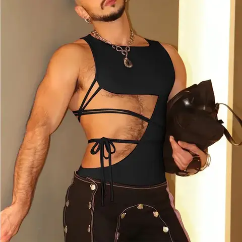 Men Ribbed Cut Out Bandage Sleeveless Tank Top Hollow Lace Up Backless Vest Club Party Nightwear Body Shaping Muscle Crop Top