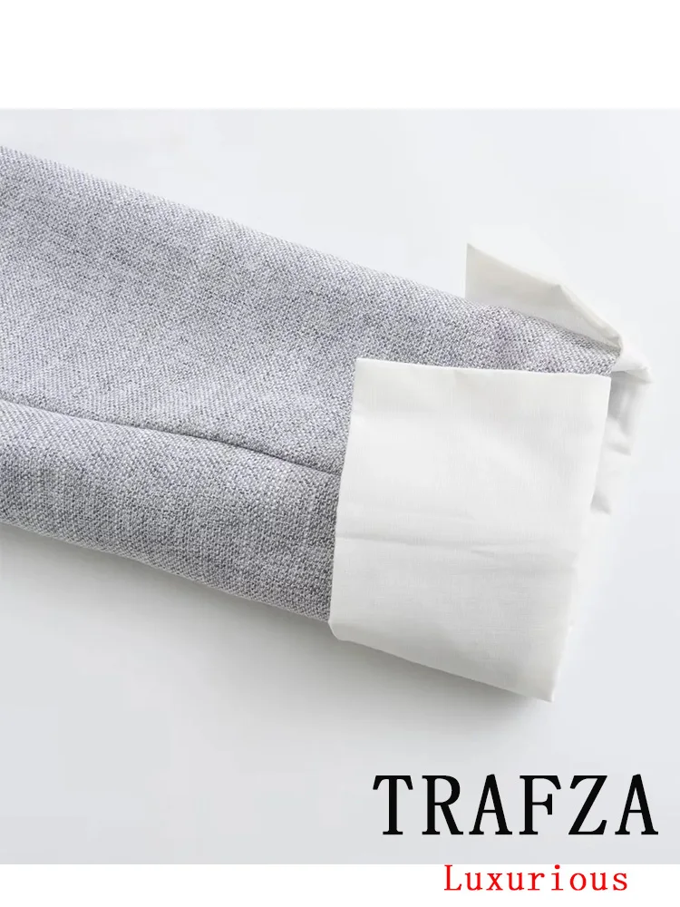 TRAFZA-traje de oficina para mujer, Blazer de un solo pecho con cuello de pico, Pantalones rectos sueltos, conjunto de moda, color gris, 2024