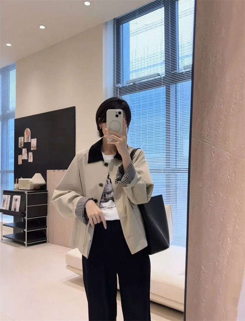 Women Winter Coats Contrast Plaid Single-breasted Loose  Khaki Trench Coat Casual  Joker High-grade Short Coat Woman Coat Women