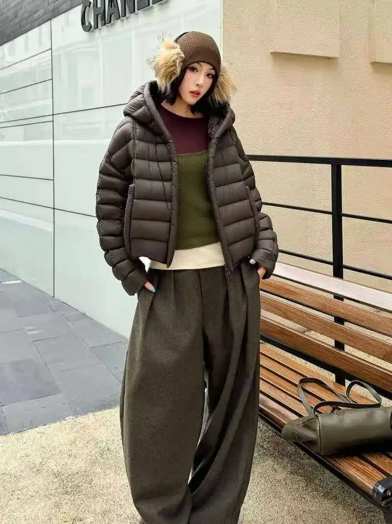 Winter Pork Rib Style Puff Hooded Down Jacket Female Warm Thick Cold Proof Jacket Women White Duck Down Zipper Parker Outwears