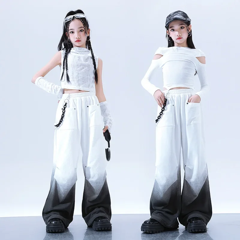 Children's Jazz Dance Stage Costume Spring and Autumn White Ripped Hip-hop Children's Suit Fashion Girl Hip-hop Costume