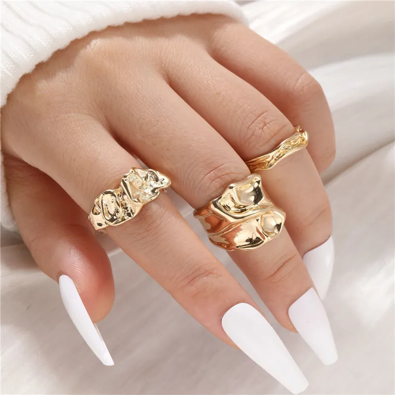 Punk 3pcs/set Chunky Irregular Cuff Rings for Women Geometric Adjustable Open Finger Nail Rings Fashion Statement Jewelry Girls