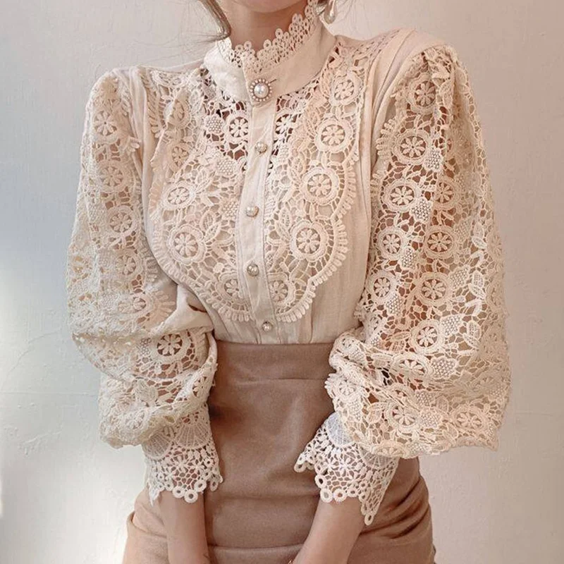 New Vintage White Lace Blouse Shirts Women 2024 Korean Button Loose Shirt Tops Female Hollow Casual Ladies Blouses Blusas 12419