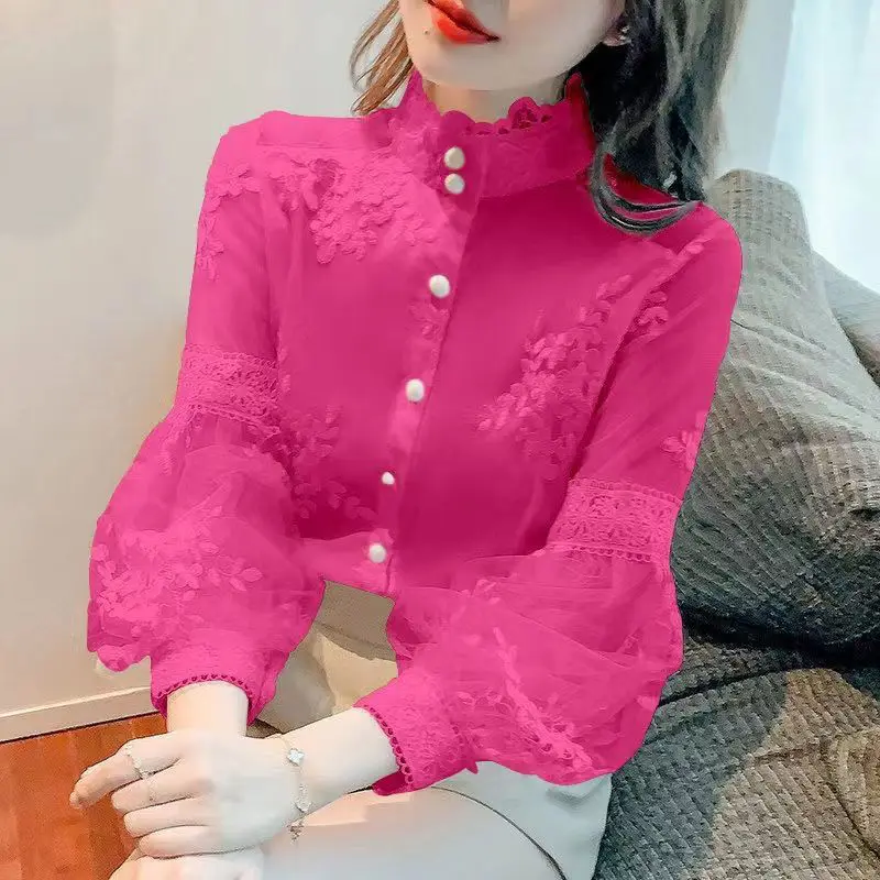 Elegant Sweet Lace Patchwork Solid Chiffon Shirts Spring Summer 2024 Stand Collar Long Lantern Sleeve Cardigan Women\'s Clothing