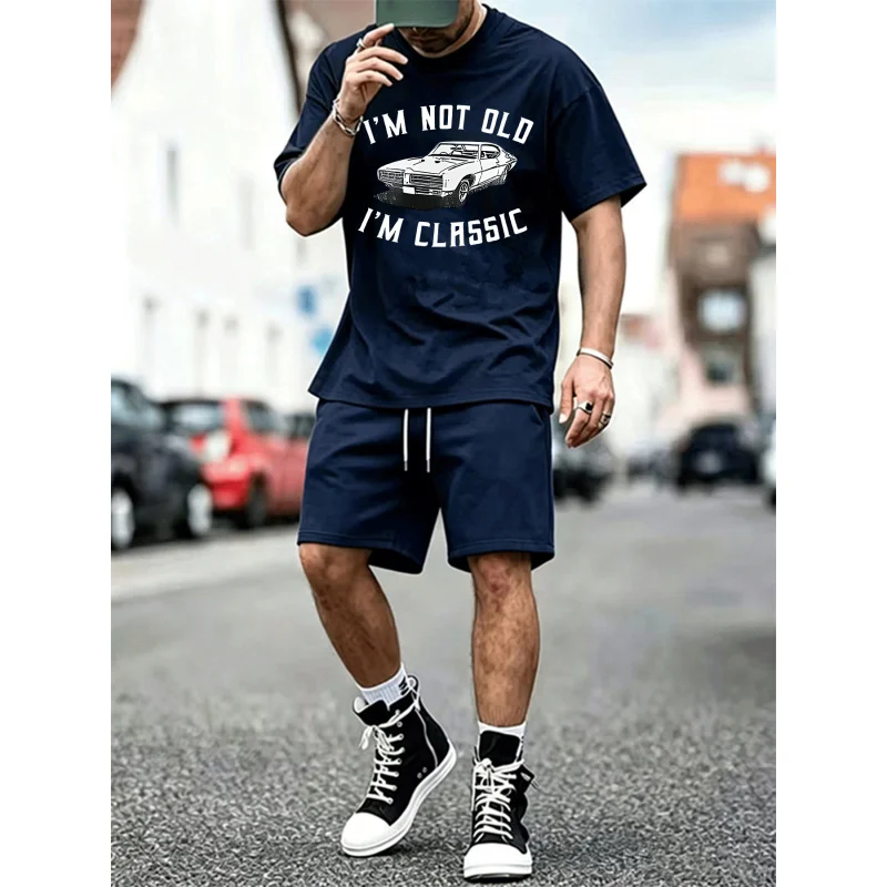 

Men's "I'm Not Old I'm Classic" Print T-Shirt & Mesh Shorts Set, Casual 2-Piece Outfit, EU Size Available, Summer